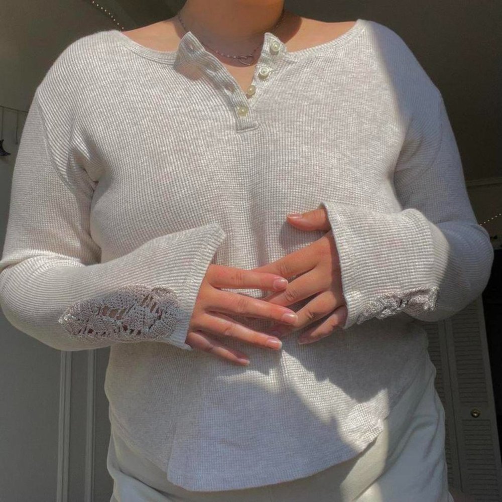 grey/cream color henley long sleeve lace arm shirt blouse with half button up